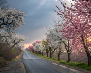 Obraz premium A winding countryside road lined with blooming cherry blossom trees in shades of white and pink, surrounded by green grass and fields under a cloudy spring sky.