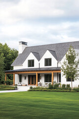 Modern farmhouse home exterior, a white house with a black roof and shingles, a large front porch, a green lawn.