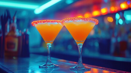 Two vibrant cocktails with sugared rims sit on a bar top in a nightclub setting.