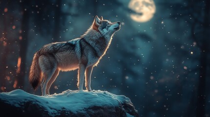 Majestic Wolf Gazing at the Moonlight in a Snowy Forest