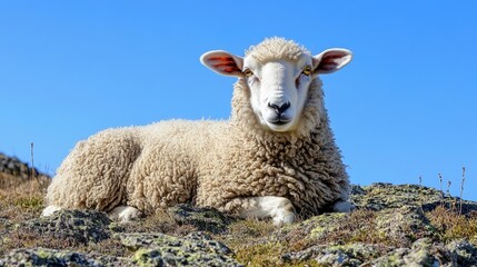 Obraz premium A fluffy sheep resting on a hillside under a clear blue sky