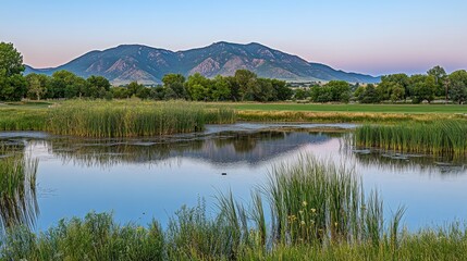 Naklejka premium Serene Wetlands at Sunrise with Mountain View and Rich Greenery