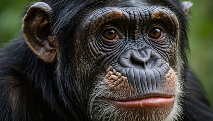 Naklejka premium Chimpanzee, close-up of chimpanzee face