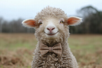 Obraz premium A happy sheep with a fluffy coat, wearing a tiny bowtie and standing in a green meadow
