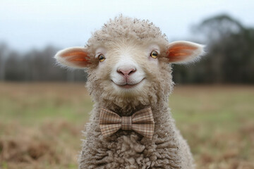 Obraz premium A happy sheep with a fluffy coat, wearing a tiny bowtie and standing in a green meadow