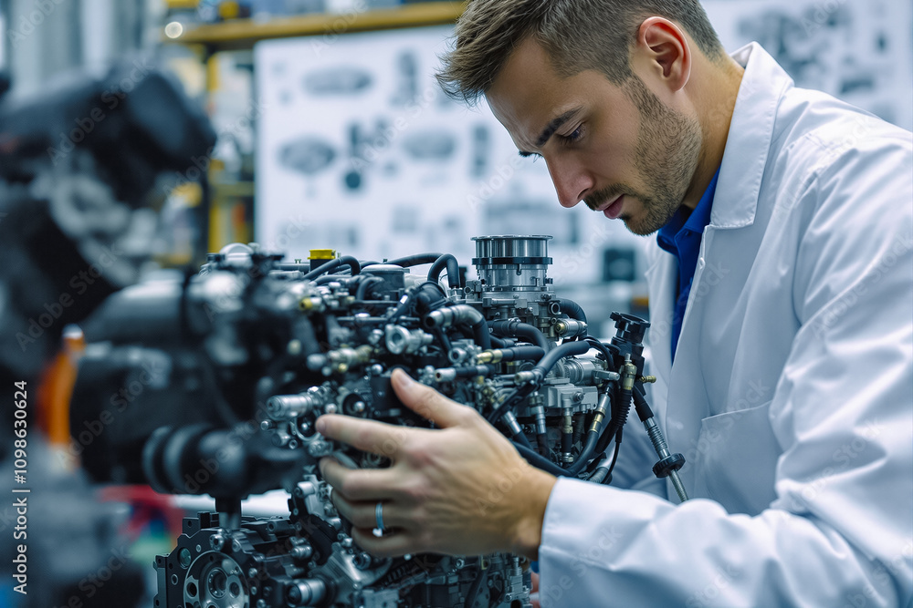 Poster skilled technician examines intricate machinery parts in a workshop during detailed replication and 