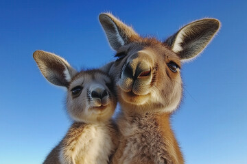 A joyful kangaroo with its joey peeking out, both smiling under a bright blue sky