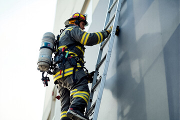 A firefighter climbs a ladder to conduct a crucial response operation in a city. The equipment reflects their readiness