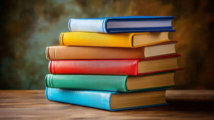 Fototapeta premium a stack of colorful books on a wooden table