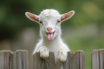 Obraz premium A laughing goat standing on a wooden fence, sticking its tongue out