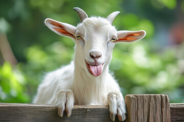 Fototapeta premium A laughing goat standing on a wooden fence, sticking its tongue out