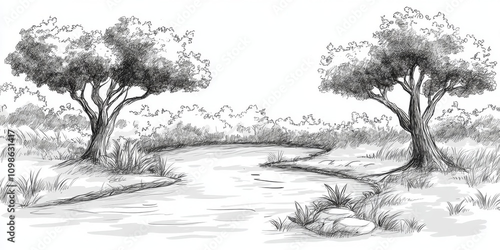 Poster a drawing of a forest with two trees and a river. the trees are on the left and right side of the ri