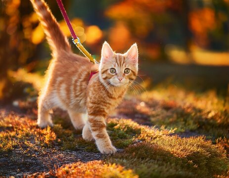 portrait of a cute ginger tabby kitten in the sunny garden in cold autumn day on walking outside domestic cat walking on a leash in the fall park