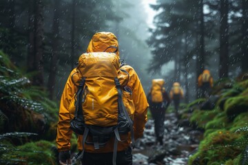 Adventurous Hikers in Vibrant Yellow Rain Jackets Traversing a Misty Forest Trail During a Light Rain, Surrounded by Lush GreeneryHiking