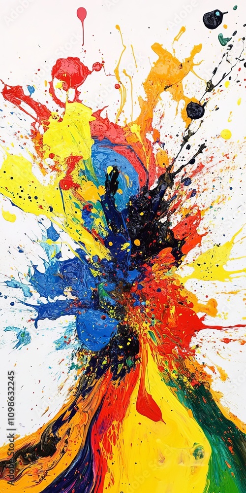 Poster dynamic abstract art featuring a vibrant explosion of colorful paint splashes on a white background.