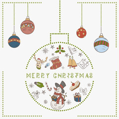 Christmas colored contour illustration in the style of childrens doodles Christmas design elements in a Christmas ball a snowman holding a gift