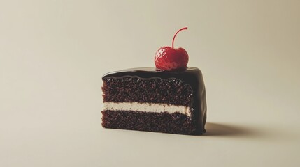 A tempting slice of chocolate cake topped with a cherry, set against a simple, elegant background.