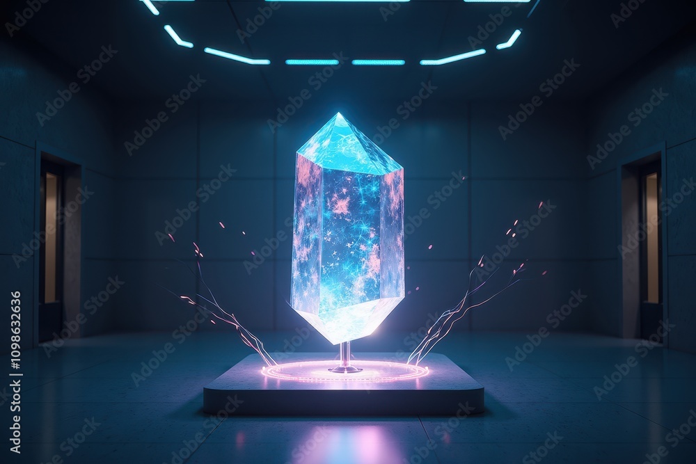Poster a stunning crystal display in a futuristic laboratory setting with glowing particles and vibrant lig