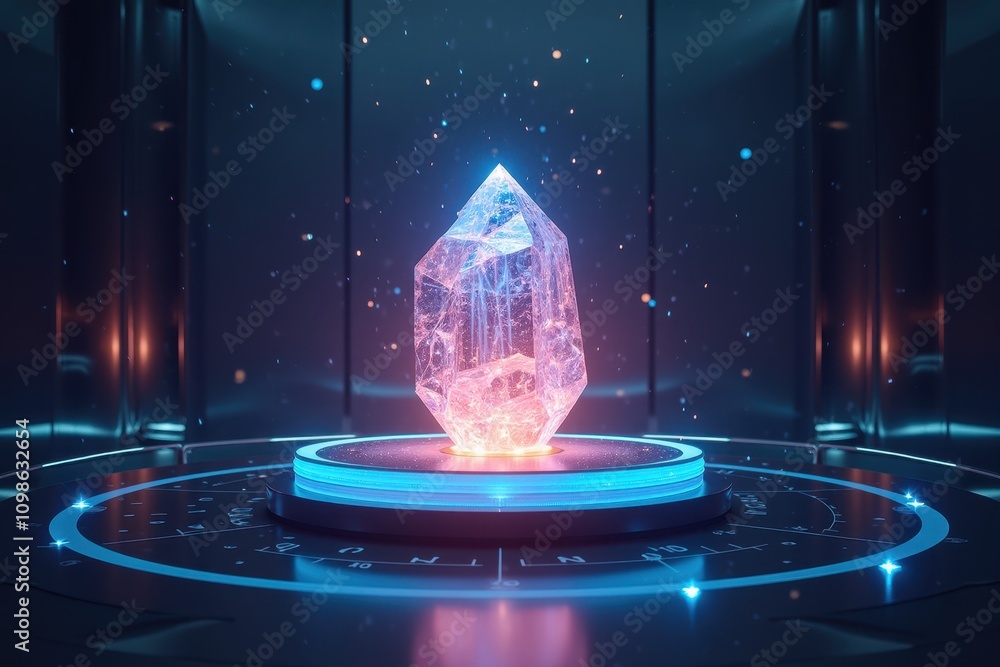Poster a stunning glowing crystal in a futuristic laboratory setting surrounded by sparkles and shimmering 