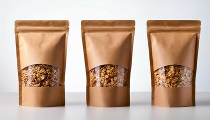 three kraft paper doypack pouches mockup showing granola