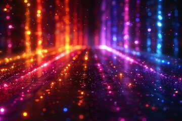 Obraz premium Vibrant Abstract Background with Multicolored Neon Light Trails Creating a Futuristic Digital Landscape of Glowing ParticlesAbstract