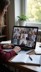 Group of students on a laptop screen in a virtual classroom, home workspace, the connection and interactivity of online learning