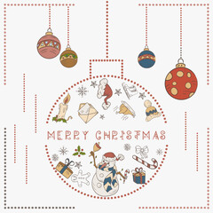 Christmas colored contour illustration in the style of childrens doodles Christmas design elements in a Christmas ball a Snowman with a bell