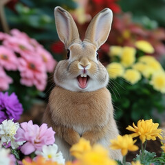 Fototapeta premium A rabbit with a big toothy smile, sitting in a garden surrounded by colorful flowers