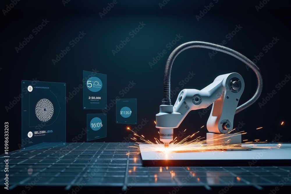 Poster advanced cutting technology with robotic arm in a modern factory setting for enhanced precision and 