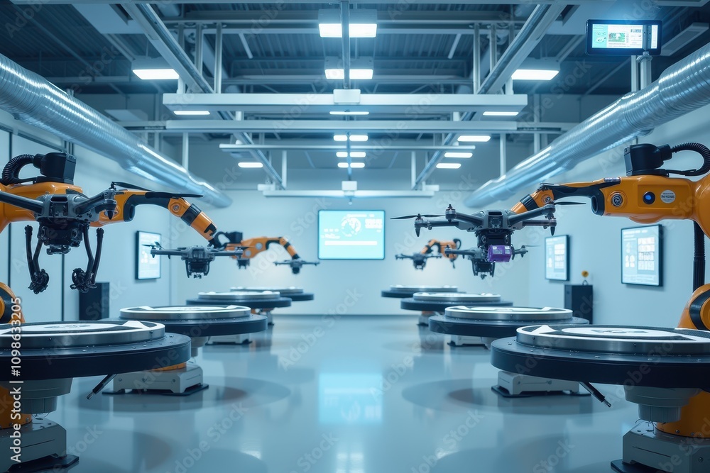 Aufkleber advanced drone assembly line featuring robotic arms and modern production environment in high-tech f