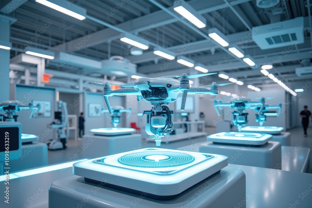 Poster advanced drone assembly line with robotic integration, featuring drones positioned on innovative wor