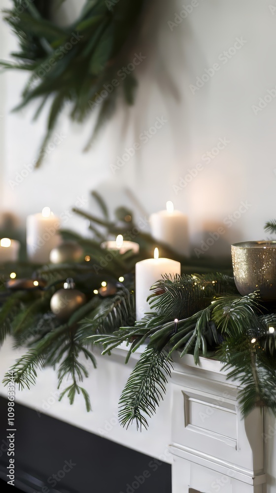 Poster a mantel with a wreath and candles on it. the candles are lit and are on a mantle. the candles are a