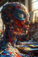Fototapeta premium Intricate Colorful Mosaic Sculpture of a Human Figure with Superhero Mask in Sunlit Artistic Studio Filled with Paints and Canvases