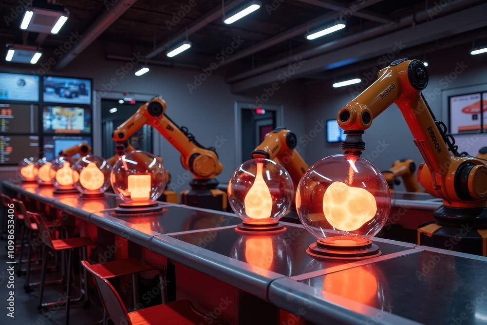 Poster advanced laboratory setup featuring robotic arms and glowing glass enclosures for material fusion pr