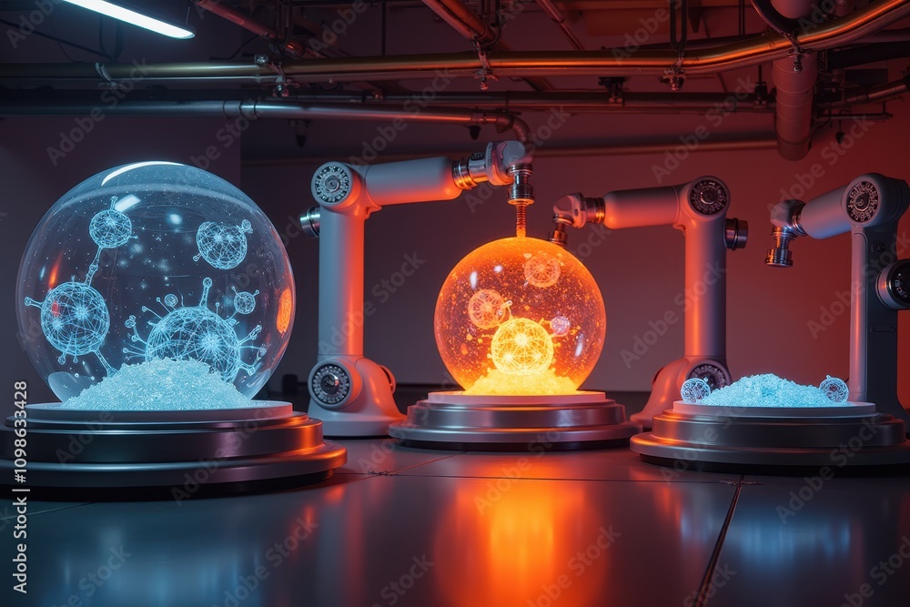 Poster advanced laboratory setup for material fusion featuring robotic arms, colorful particle models, and 
