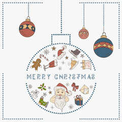 Christmas colored contour illustration in the style of childrens doodles Christmas design elements in a Christmas ball Santa Claus head