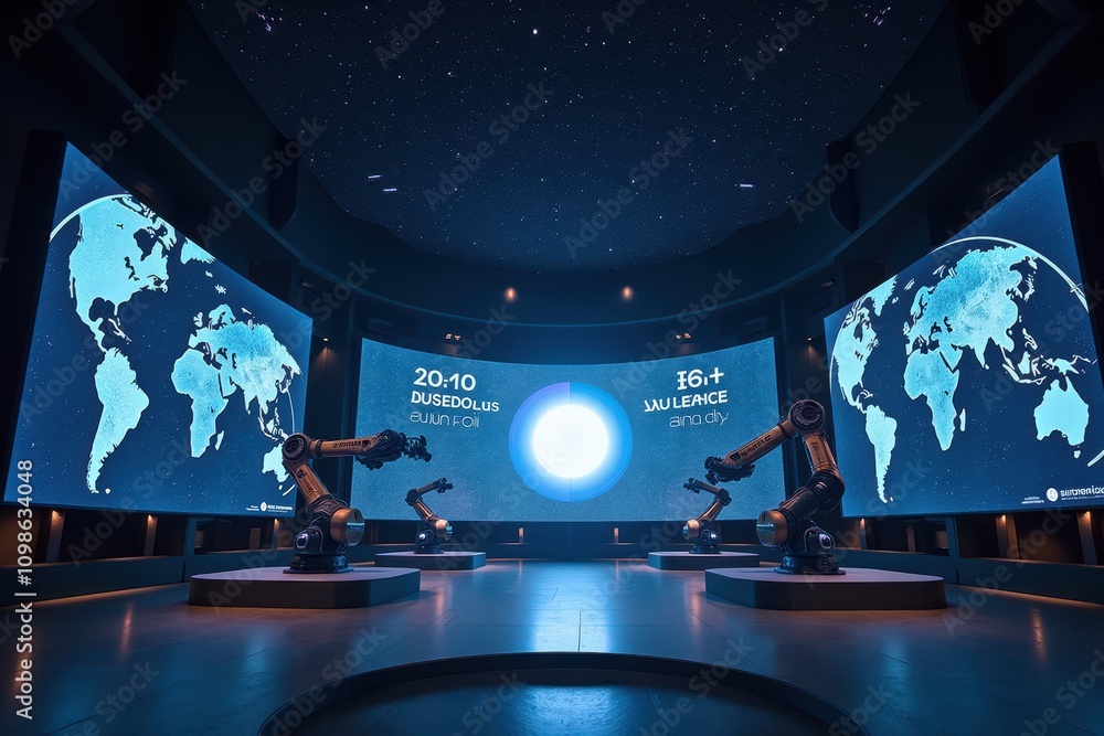 Poster advanced robotic observatory in space with interactive displays and starry sky for scientific resear