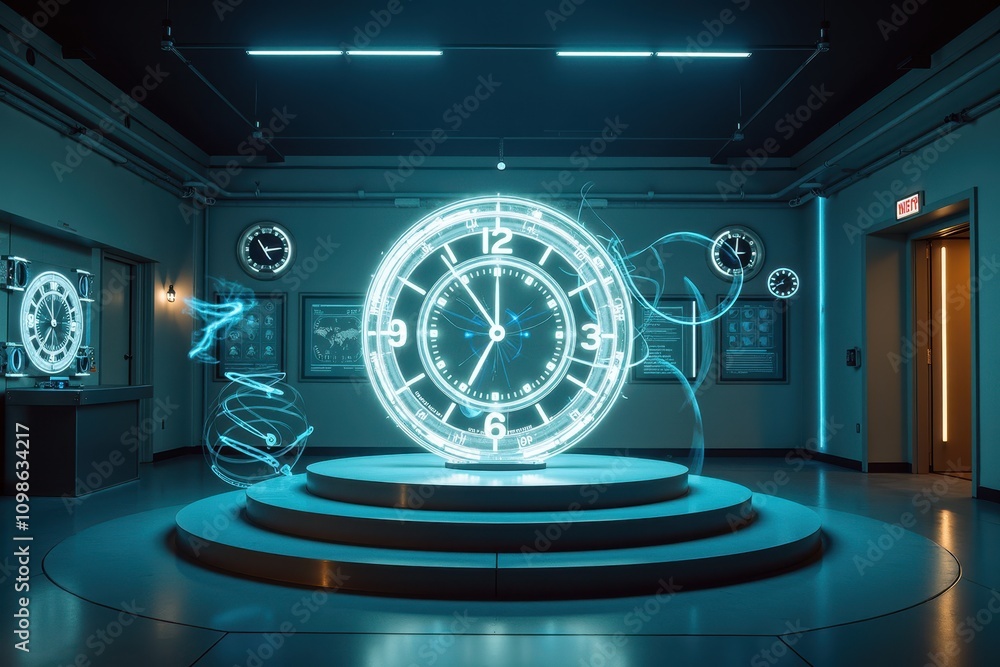 Poster an artistic representation of time featuring a luminescent clock in a dimly lit research room with m