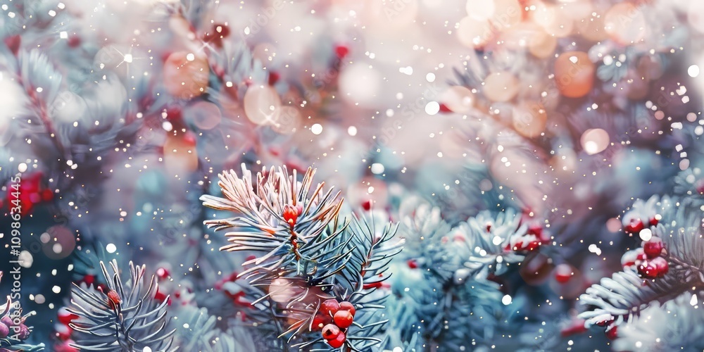 Poster a tree with snow on it and red berries. the tree is bare