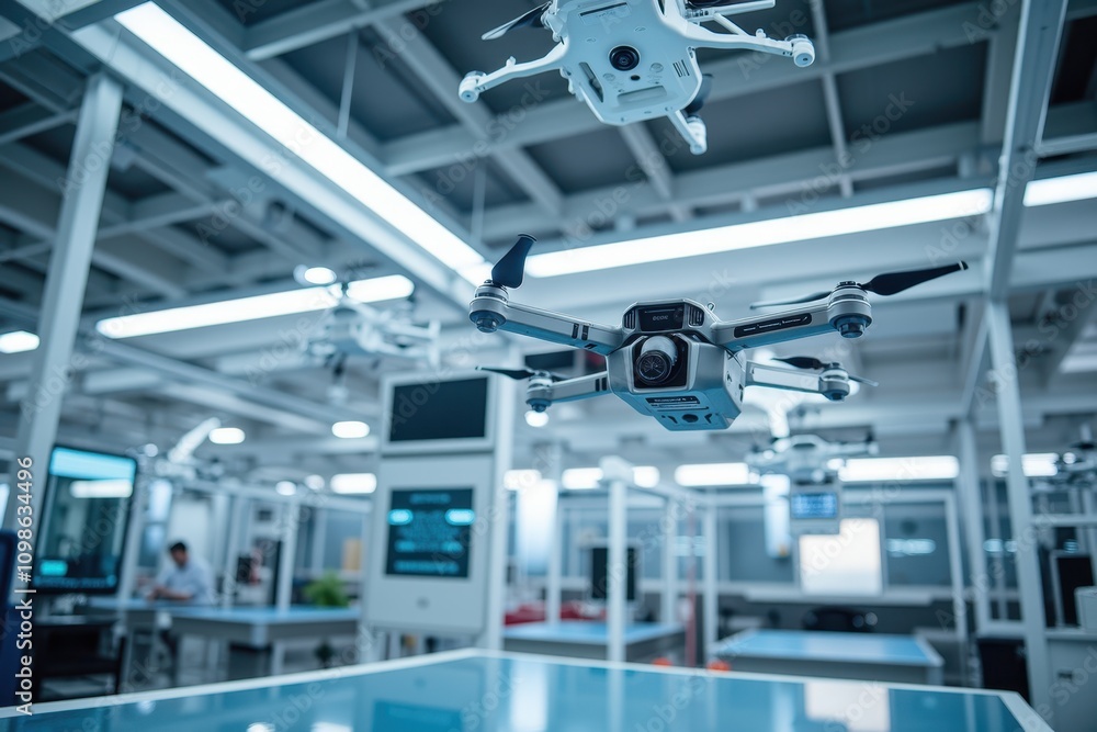 Poster drone assembly line: high-tech manufacturing process with advanced drones in a modern production fac