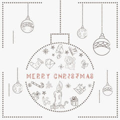 Christmas contour illustration in the style of childrens doodles Christmas design elements in a Christmas ball a Christmas candle