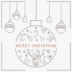 Christmas contour illustration in the style of childrens doodles Christmas design elements in a Christmas ball a deer in a Santa hat