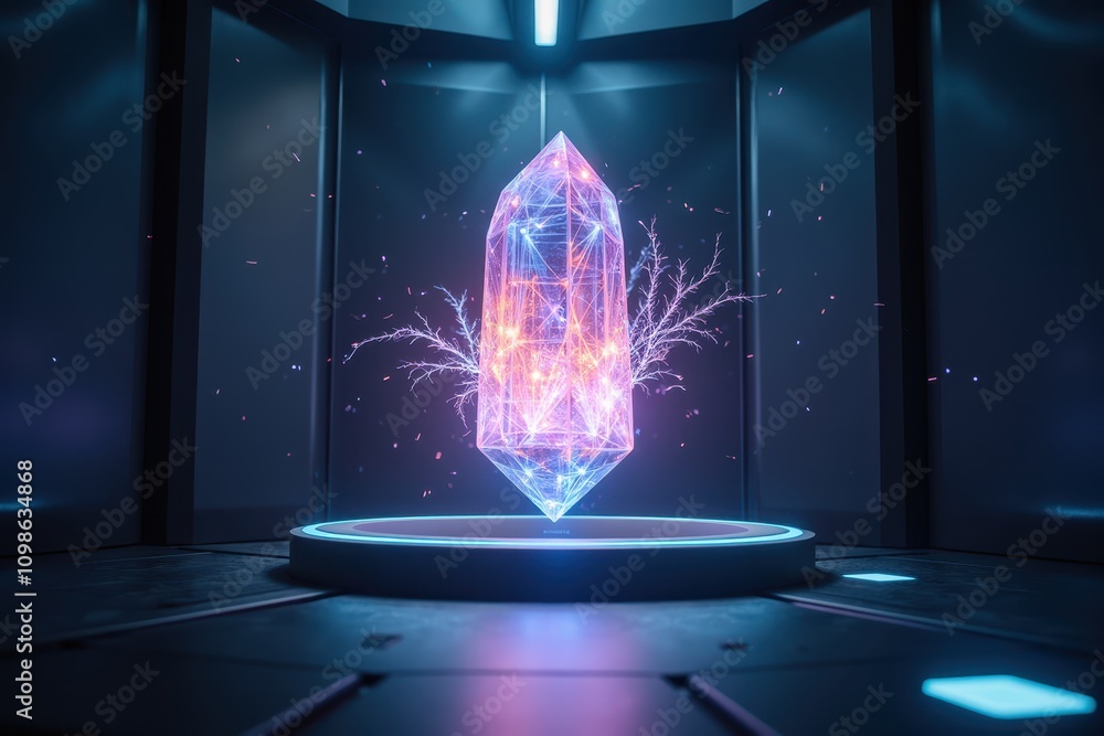 Poster futuristic crystal display in a high-tech laboratory with colorful light effects enhancing its mysti
