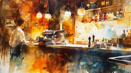 Obraz premium Delightful watercolor painting capturing the inviting ambiance of a culinary environment