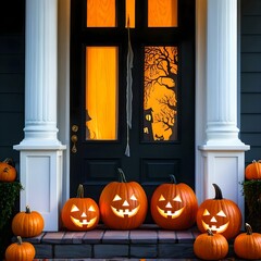Obraz premium Illuminated Front Door with Halloween Pumpkins