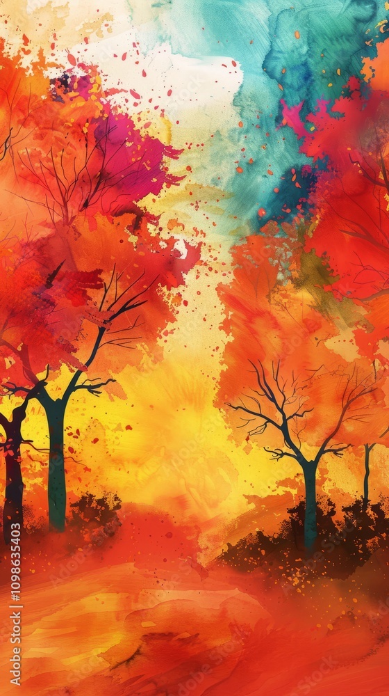Poster a painting of a forest with trees in autumn colors. the trees are in the foreground and background, 