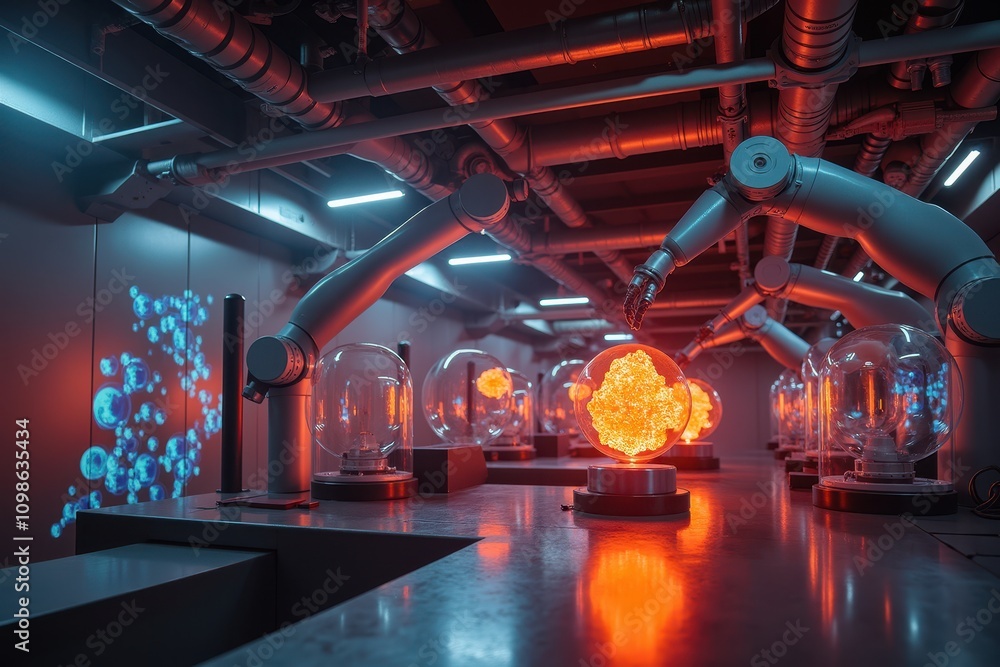 Poster futuristic laboratory featuring advanced robotic arms and glowing material fusion in a high-tech env
