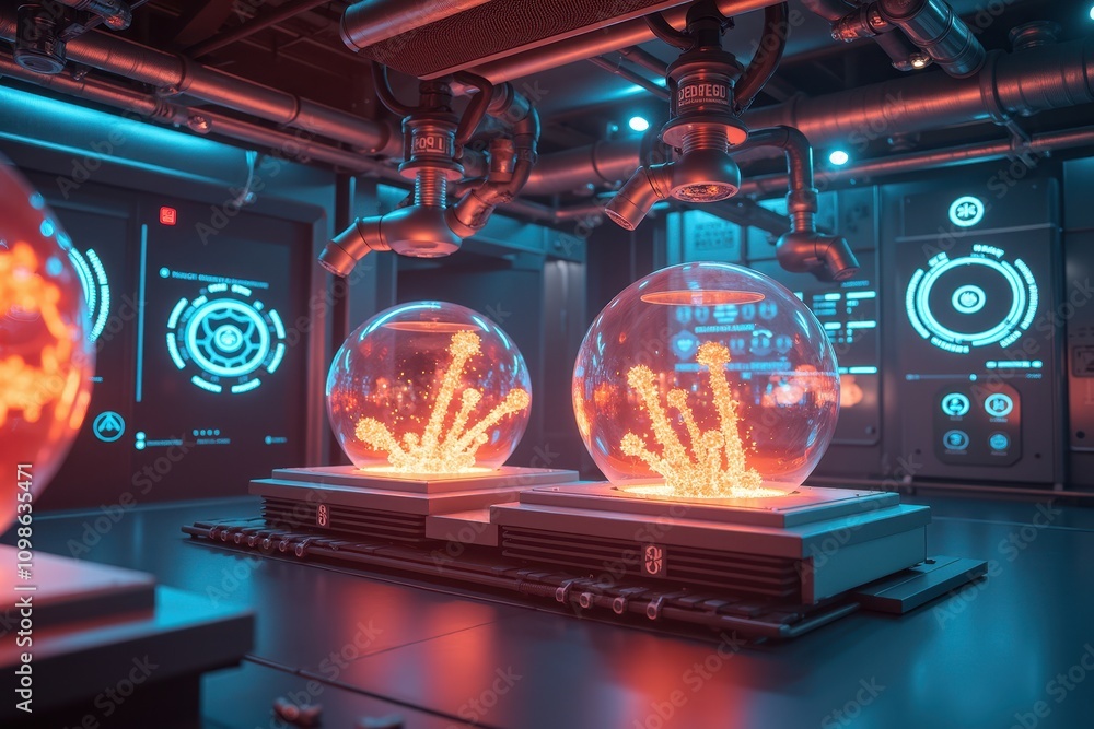 Poster futuristic laboratory showcasing glowing fusion material in spherical containers, illuminated with n