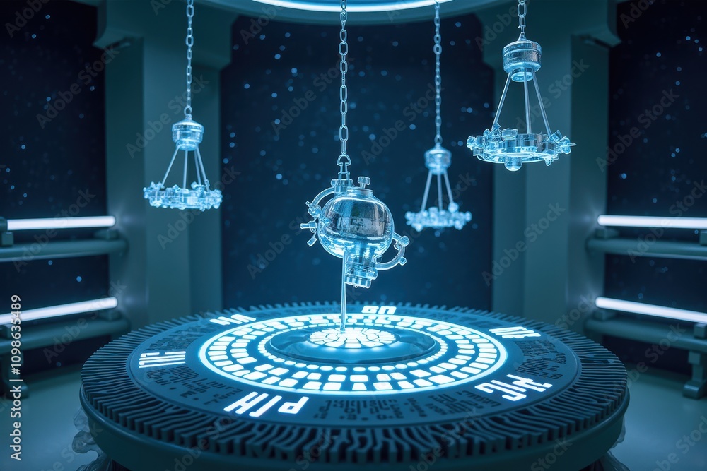 Poster futuristic laboratory with suspended gravity devices and high-tech production equipment in an innova