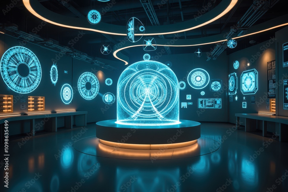 Aufkleber futuristic laboratory room with holographic projections and interactive displays showcasing time and